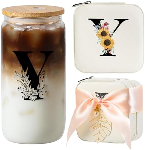 AYGXU Travel Gifts for Women,16oz glass cups with lids and straws,mom birthday gifts,aesthetic cups,coffee cups,travel jewelry case organizer,Travel Essentials Small Jewelry Box,Initial Y white by AYGXU