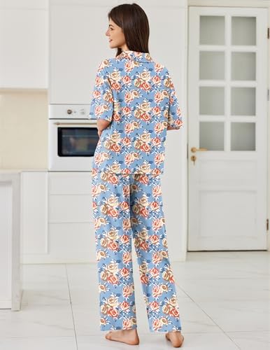 Ekouaer Women Pajamas Set Button Down Sleepwear Short Sleeve Pjs Long Pants - Image 2