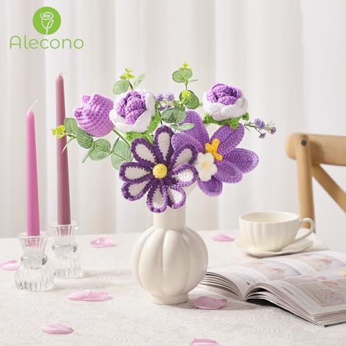 Alecono Purple Crochet Flower Bouquet Handmade Tulip Floral Set - Image 4