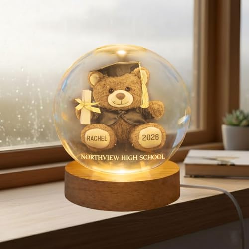Daty Personalized Graduation Crystal Ball LED Night Light Class of 2026, Teddy Bear 3D Laser Engraved Sphere Gift for High School Graduate - Image 2