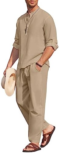 COOFANDY Men’s 2 Piece Cotton Linen Set Casual Beach Outfits Long Sleeve by COOFANDY