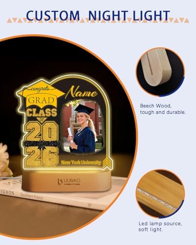 Personalized Graduation Gifts Custom Photo Name Night Light Gold and Black LED Table Lamp for 2026 University High School Senior Keepsake(Cap) - Image 6