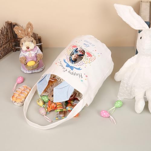 Personalized Bunny Ears Bucket Bag with Custom Name Photo-Easter Bag with Handle-Soft Egg Basket for Kids -Customized Easter Basket-Great for Carrying Gift Easter Eggs (Blue-Photo) - Image 5