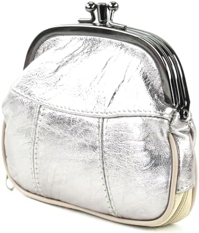 Leather Impressions Double Coin Purse for Women - Genuine Leather Coin Purse with Twist Clasp, 1 zipper pocket, 2 pack lightweight - Timeless clean stitched Small Coin Purse (Back, Silver)
