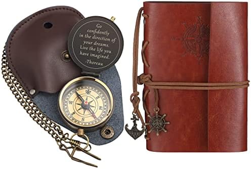 Kanayu 2 Pcs Compass Graduation Gift Compass with Stamped Leather Case and Leather Journal Notebook High School College Graduation Gifts for Him by Kanayu