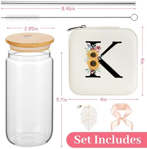AYGXU Bridesmaid proposal gifts,16oz glass cups with bamboo lid,Travel Jewelry Organizer,Bridesmaid Gifts for Women,Wedding Travel Essentials Small Jewelry Box,Initial K white - Image 2