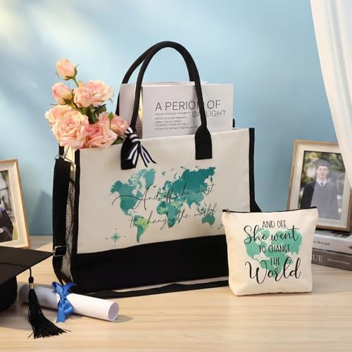 2 Pcs Inspirational Canvas Tote Bag and Makeup Bag Set, Gift Bags Present for Women, Motivational World Map Xmas Gift for Her, Christmas Birthday Holiday Thank You for Daughter Sister Friend - Image 3