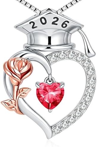 SLOONG College Graduation Gifts for Her, S925 Sterling Silver Heart Birthstone Graduation Cap Rose Necklace, Class of 2026 High School College Graduation Gifts for Her by sloong