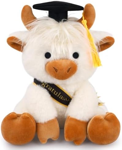 2026 Graduation Highland Cow Plush Toy- 8inch White Highland Cow by JIZWPOOM