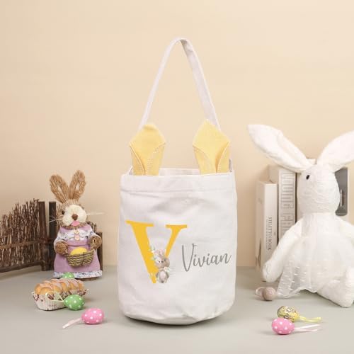 Personalized Bunny Ears Bucket Bag with Custom Name Photo-Easter Bag with Handle-Soft Egg Basket for Kids -Customized Easter Basket-Great for Carrying Gift Easter Eggs (Yellow) - Image 4