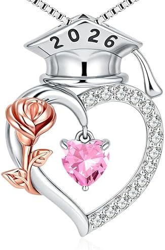 SLOONG College Graduation Gifts for Her, S925 Sterling Silver Heart Birthstone Graduation Cap Rose Necklace, Class of 2026 High School College Graduation Gifts for Her by sloong