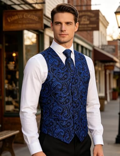 DiBanGu Mens Vest and Tie Set Formal Paisley Waistcoat and Necktie Pocket Square Cufflinks Silk Suit Vest for Tuxedo Wedding - Image 4
