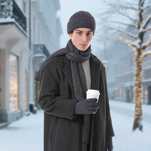 Winter Beanie Hats Long Neck Scarf for Men and Touchscreen Gloves 3PCS Set - Image 6