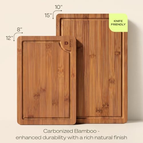 ROYAL CRAFT WOOD Wooden Cutting Boards for Kitchen Meal Prep & Serving - Bamboo Non Toxic Cutting Board Set with Deep Juice Groove Side Handles - Charcuterie & Chopping Butcher Block for Meat (2 Pcs) - Image 2