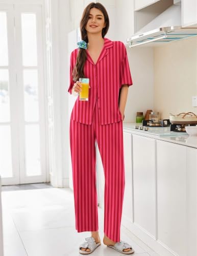 Ekouaer Women Pajamas Set Button Down Sleepwear Short Sleeve Pjs Long Pants - Image 3