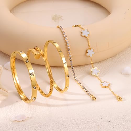 Camhanno Gold Bangle Bracelets for Women, 18K Gold Plated Stainless Steel Stackable Bangles, Non-Tarnish Trendy Jewelry, Ideal Gift for Birthday Anniversary - Image 7