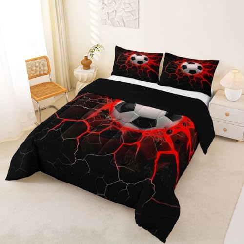 Erosebridal Flame Soccer Comforter Set for Kids Boys Girls Red Lightning Football Bedding 3D Soccer Ball Duvet Set Ball Sports Games Comforter King with 2 Pillowcases - Image 2