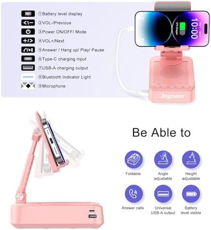 Gifts for Women Girls, Phone Stand with Bluetooth Speaker and Charging Function 360° Rotable Angle Adjustable Cell Phone Holder with HD Stereo Sound Fits All Phones,Tablet (Pink) - Image 4