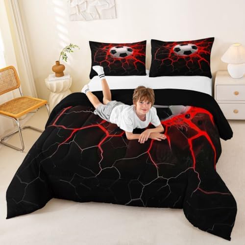 Erosebridal Flame Soccer Comforter Set for Kids Boys Girls Red Lightning Football Bedding 3D Soccer Ball Duvet Set Ball Sports Games Comforter King with 2 Pillowcases - Image 7
