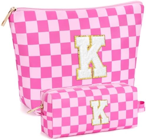 mibasies 2 PCS Initial Makeup Bags for Women: Cosmetic Bag for Travel Toiletry - Birthday Gifts for Teen Girl Gifts Trendy Stuff - Graduation Teacher Gift for Girlfriend -Checkered Rose Red K by mibasies