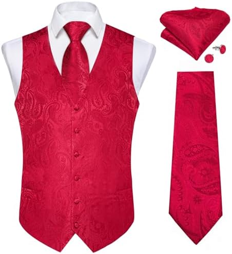 DiBanGu Mens Vest and Tie Set Formal Paisley Waistcoat and Necktie Pocket Square Cufflinks Silk Suit Vest for Tuxedo Wedding by DiBanGu