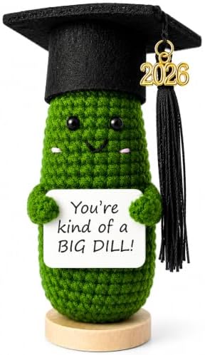 Graduation Gifts 2026 for Her & Him, Funny Handmade Crochet Graduation Pickle with Cap, 2026 Charm & Wooden Stand, Cute Class of 2026 Senior Gift for High School College Grad, Big Dill Congrats Gift by TheTrendCollection
