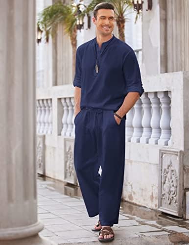 COOFANDY Men’s 2 Piece Cotton Linen Set Casual Beach Outfits Long Sleeve - Image 3