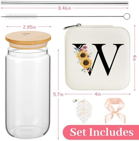 AYGXU Initial Glass Cup,Personalized Birthday Gifts for Women,16oz Glass Tumbler Cups,Graduation Gifts for Her,Small Jewelry Organizer Box,Birthday Gifts for Women,Initial W white - Image 2