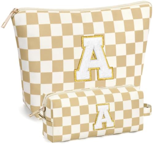 mibasies 2 PCS Initial Makeup Bags for Women: Cosmetic Bag for Travel Toiletry - Birthday Gifts for Teen Girl Gifts Trendy Stuff - Graduation Teacher Gift for Girlfriend -Checkered Brown A by mibasies