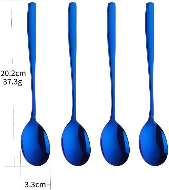 Metal Round Spoons, 8 inch Stainless Steel Reusable Long Handle Korean Soup Spoons, Table Dinner Desert Spoon Set of 8 (Blue)