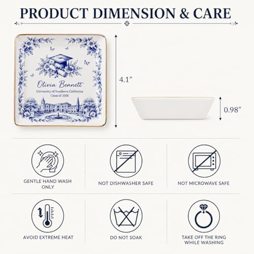 Wrappiness Personalized Graduation Trinket Tray for Girl Women - Toile de Jouy Custom College High School Ring Dish Grad Gift for Daughter, Class of 2026 Graduation Gift for Her Ceramic Jewelry Dish - Image 5
