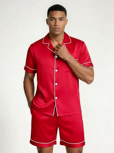 Ekouaer Mens Silk Satin Pajamas Set Short Sleeve Button Up Lounge Pjs Set - Image 4