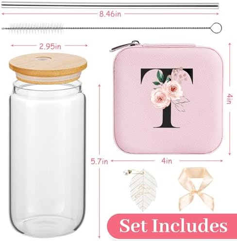 AYGXU Birthday & Occasion Gifts for Women & Girls - Glass Cup with Bamboo Lid & Straw, Initial T Pink - Image 2