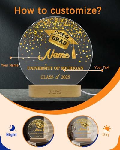 Personalized Graduation Gifts Custom Photo Name Night Light Gold LED Table Lamp for 2026 University High School Senior Keepsake(Round) - Image 2