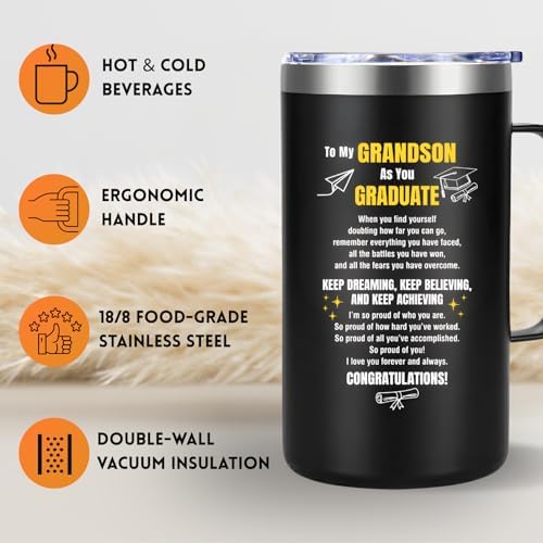 Grandson Graduation Gifts 2026, Insulated Coffee Mug with Handle 20oz, Graduation Gift for Grandson, College and High School Grad Gifts for Him, Proud Message Tumbler with Lid - Image 3