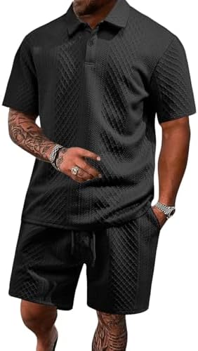 Men's 2 Pieces Outfits Casual Polo Shirt and Shorts Set Collar Athletic Jogging Summer Tracksuit by LINENNMAIN