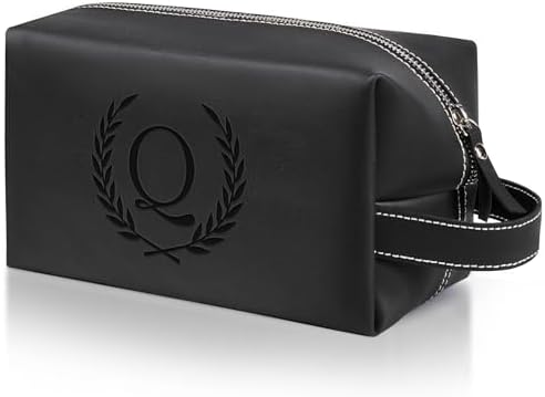 Personalized Gifts Travel Toiletry Bag for Men Engraved Initial PU Leather Waterproof Shaving Bag for Toiletries Accessories Fathers Day Birthday Gift for Men Dad Husband Son, Black Q by Aganmi