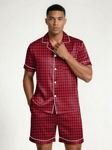 Ekouaer Mens Silk Satin Pajamas Set Short Sleeve Button Up Lounge Pjs Set - Image 4