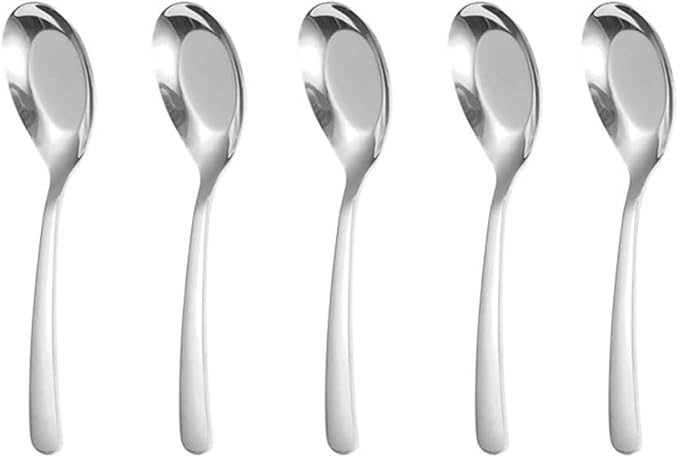 5 PCS Stainless Steel Soup Spoons, Mirror Finish - Kitchen Serving & Dessert Spoons for Soup, Rice, Tea, Milk, Coffee & Ice Cream (Silver)