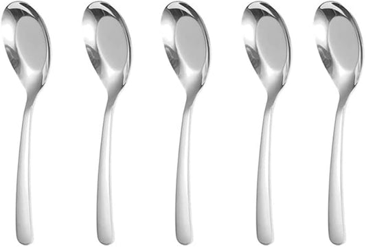 5 PCS Stainless Steel Soup Spoons, Mirror Finish - Kitchen Serving & Dessert Spoons for Soup, Rice, Tea, Milk, Coffee & Ice Cream (Silver)