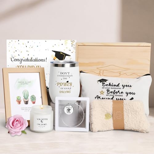 2026 Graduation Gifts,Congratulations Gift for Her with 12 OZ Wine Tumbler,Candle,Frames,Keychain,Senior College Graduation Gifts for Daughter Son Niece Nephew,Personalized Makeup Bag for Friend by UAREHIBY