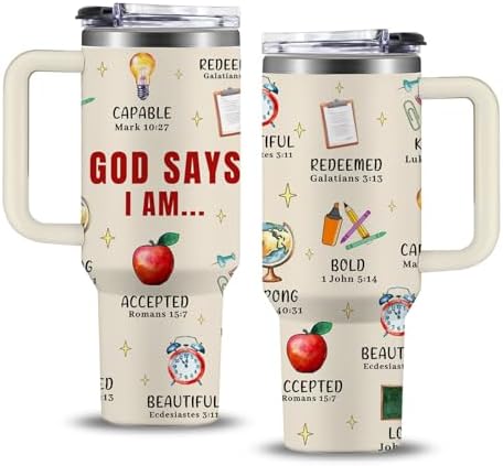 Christian Teacher Gift, 40oz God Says I Am Teacher Tumbler With Handle, Christian Gifts for Women, Inspirational Religious Birthday Gifts for Teachers Bible Verse Cup, Teachers Appreciation Gifts by NIAXAUYT