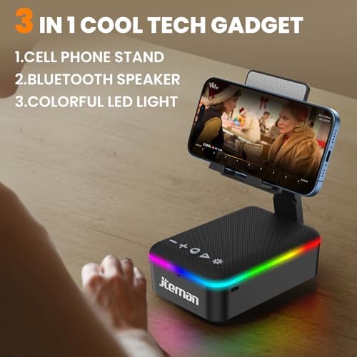 JTEMAN Gifts for Men Women,Cell Phone Stand with Bluetooth Speaker,LED Light,and Lanyard,Cool Tech Gadgets,Unique Birthday Gifts for Men Husband Mom Dad - Image 2