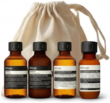 Aesop Arrival Travel Shower Set (4-Piece) Hair & Body Care Kit – Shampoo, Conditioner, Geranium Leaf Body Cleanser & Rind Concentrate Body Balm – 1.7oz/50mL Each – Gift Set with Reusable Canvas Bag by Unknown