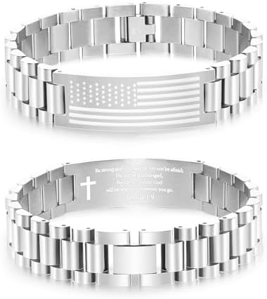 P. BLAKE American Flag Bible Verse Bracelet for Men, Stainless Steel Engraved Scripture Bracelet Christian Religious Christmas Birthday Jewelry Gifts by PBLAKE