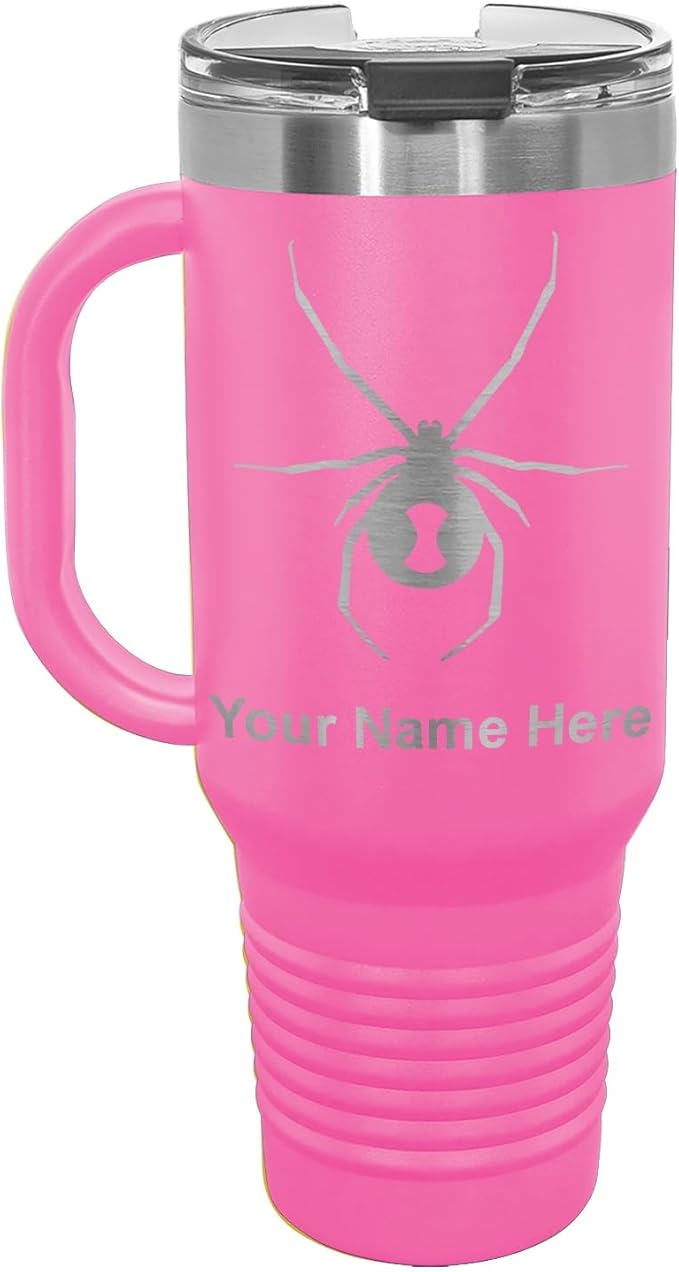 LaserGram 40oz Vacuum Insulated Travel Mug with Handle, Black Widow Spider, Personalized Engraving Included (Pink)