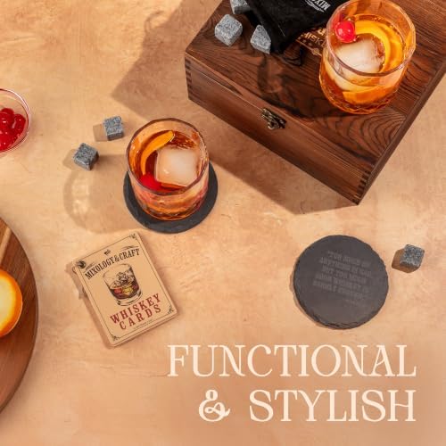 Mixology & Craft Whiskey Stones Gift Set: with Two 10oz Lead-Free Crystal Whiskey Glasses, 8 Whiskey Stones with Velvet Bag, 2 Slate Coasters & Recipe Cards in Wooden Crate | Great - Image 3