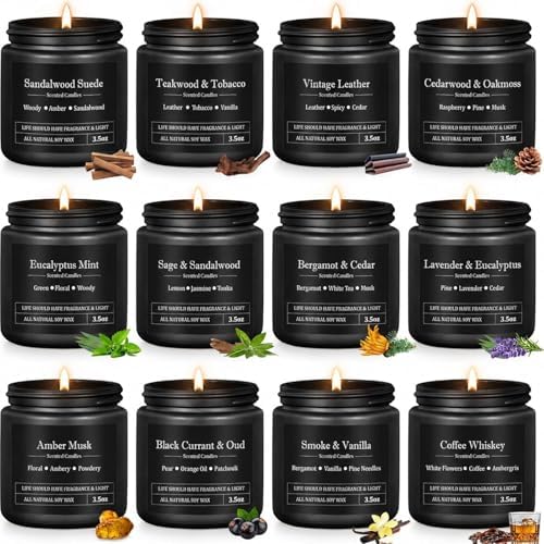 YMing 12 Pack Scented Candles for Men, Masculine Soy Candle Gift Set, 3.5 oz Each, Woody Leather Tobacco Coffee & Amber Scents, Gifts for Men Dad Husband Boyfriend - Image 3