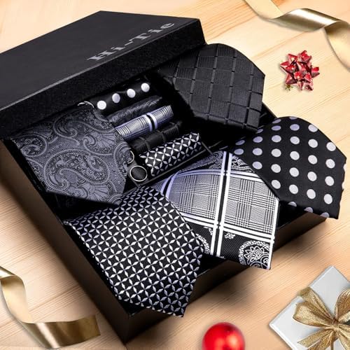 Hi-Tie Lot 5 Pcs Gift Box Mens Tie Set Necktie with Pocket Square Cufflinks Silk Neck Tie Collection - Image 2