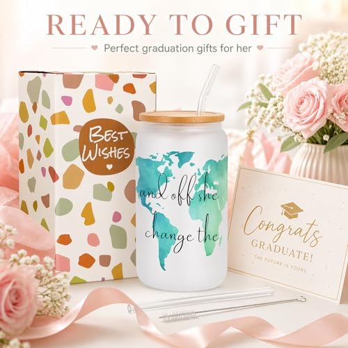 Frerdui Graduation Gift for Her – And Off She Went to Change the World 16oz Glass Cup, Cute Grad Gift for College High School Graduate, Grad Gift for Daughter Niece Granddaughter Friend - Image 7